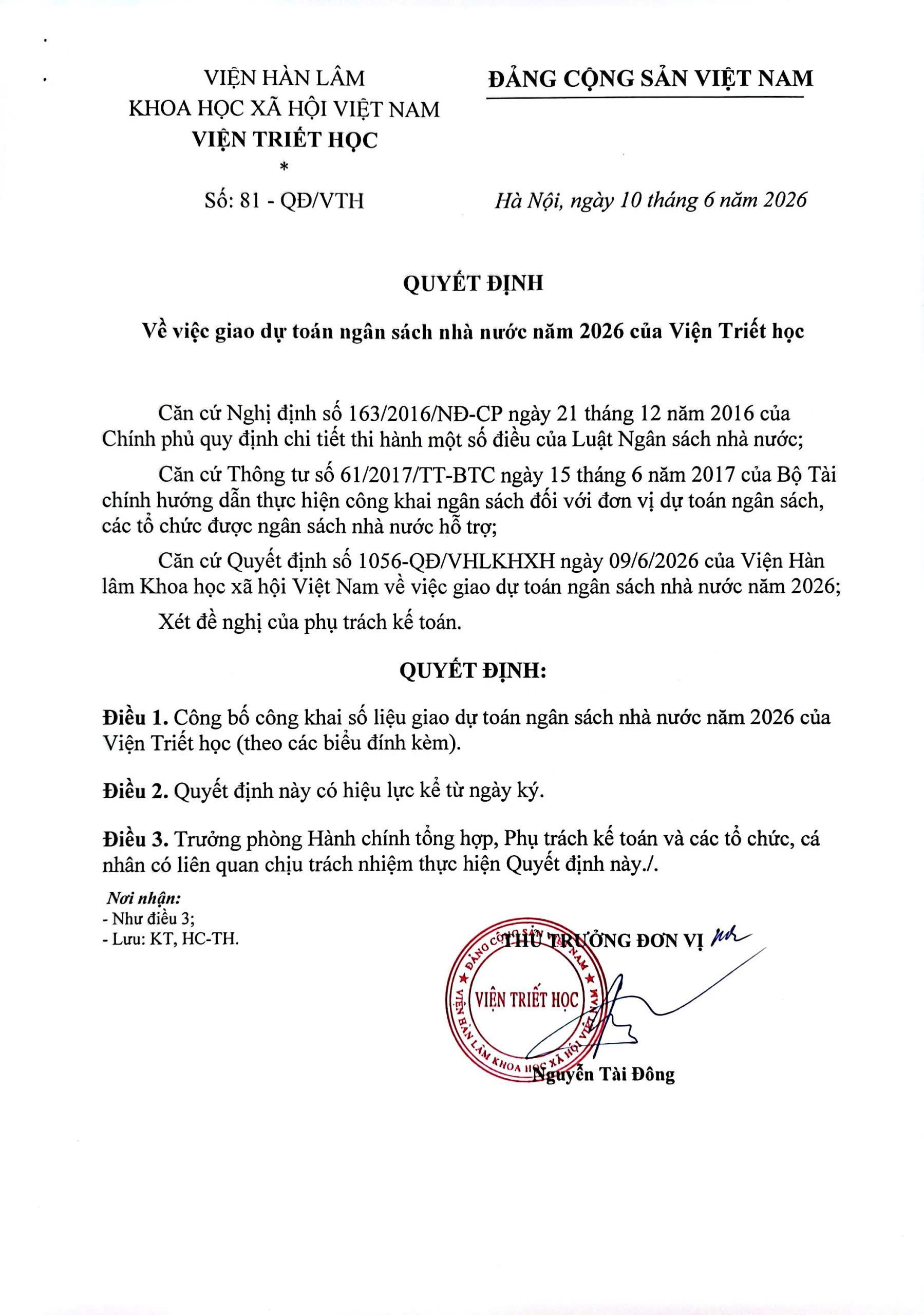 Quyết định số 81 - QĐ/VTH Về việc giao dự toán ngân sách nhà nước năm 2026 của Viện Triết học