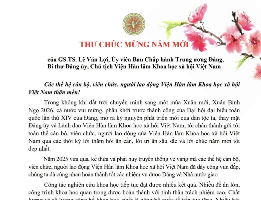 Thư chúc mừng năm mới của Chủ tịch Viện Hàn lâm Khoa học xã hội Việt Nam