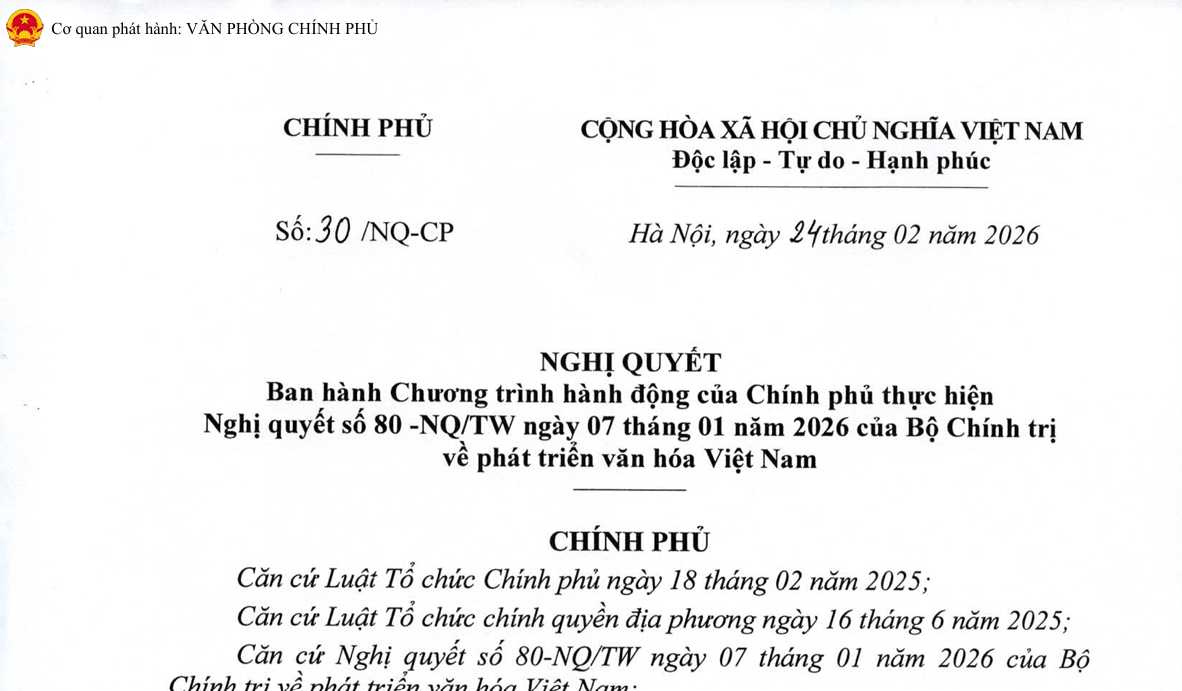 Nghị quyết Ban hành Chương trình hành động của Chính phủ thực hiện Nghị quyết số 80-NQ/TW ngày 07 tháng 01 năm 2026 của Bộ Chính trị về phát triển văn hóa Việt Nam