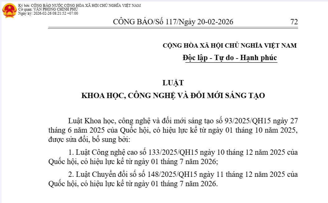 Văn bản hợp nhất số 05/VBHN-VPQH hợp nhất Luật Khoa học, công nghệ và đổi mới sáng tạo