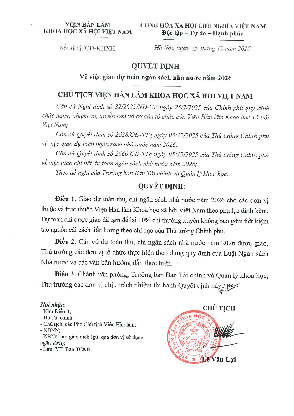 Quyết định về việc giao dự toán ngân sách nhà nước năm 2026