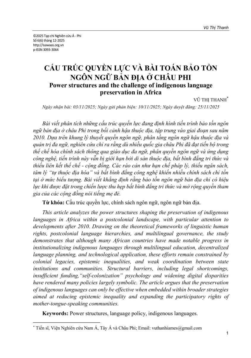 Vũ Thị Thanh: Cấu trúc quyền lực và bài toán bảo tồn ngôn ngữ bản địa ở châu Phi