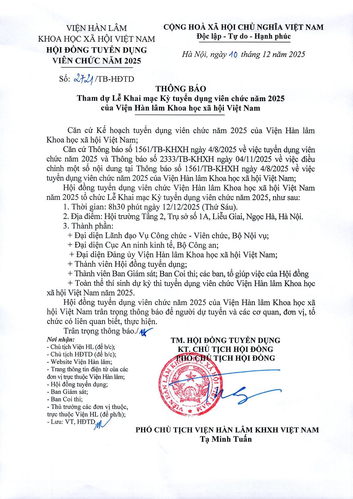 THÔNG BÁO: Tham dự Lễ Khai mạc Kỳ tuyển dụng viên chức năm 2025 của Viện Hàn lâm Khoa học xã hội Việt Nam