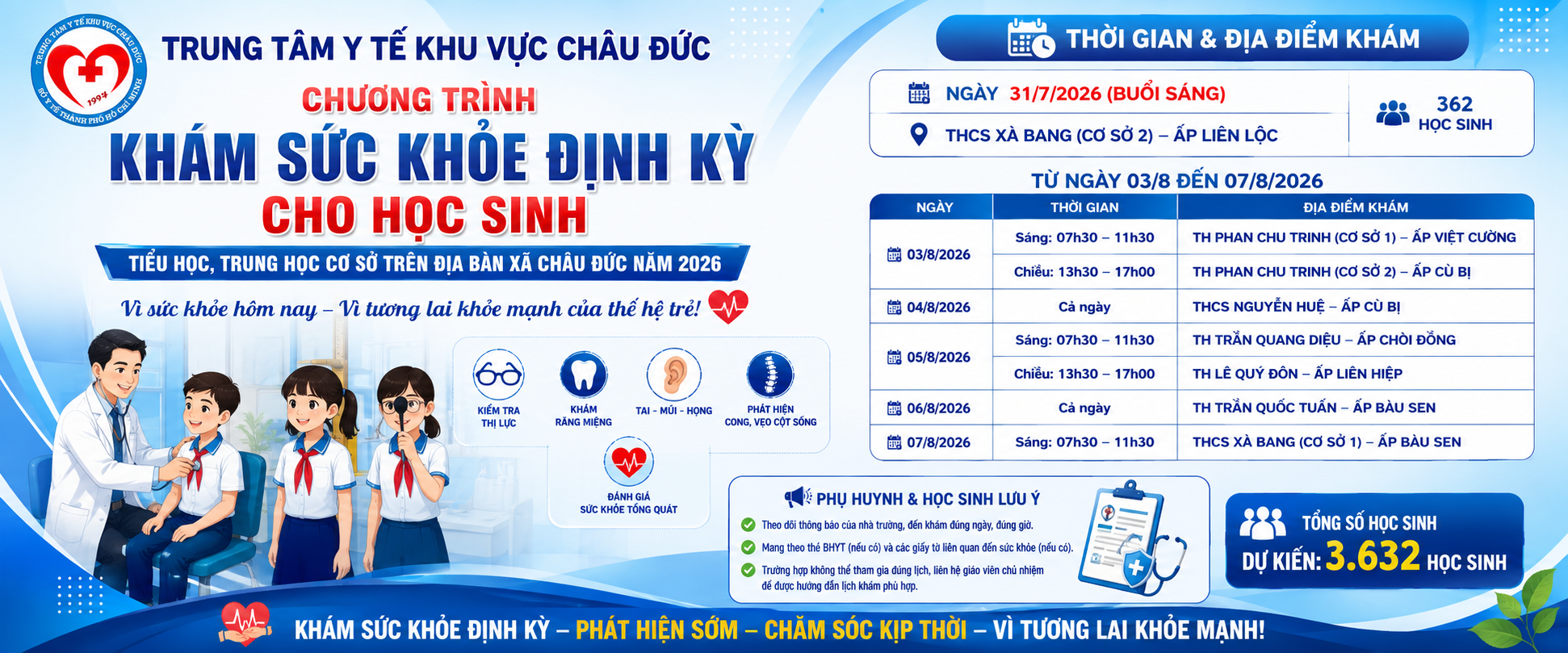 KHÁM SỨC KHỎE ĐỊNH KỲ CHO HỌC SINH TIỂU HỌC, THCS TRÊN ĐỊA BÀN XÃ CHÂU ĐỨC NĂM 2026